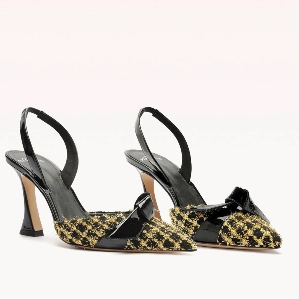 New Alexandre Birman Clarita Bell Slingback 85 Tweed Oro Size 37.5